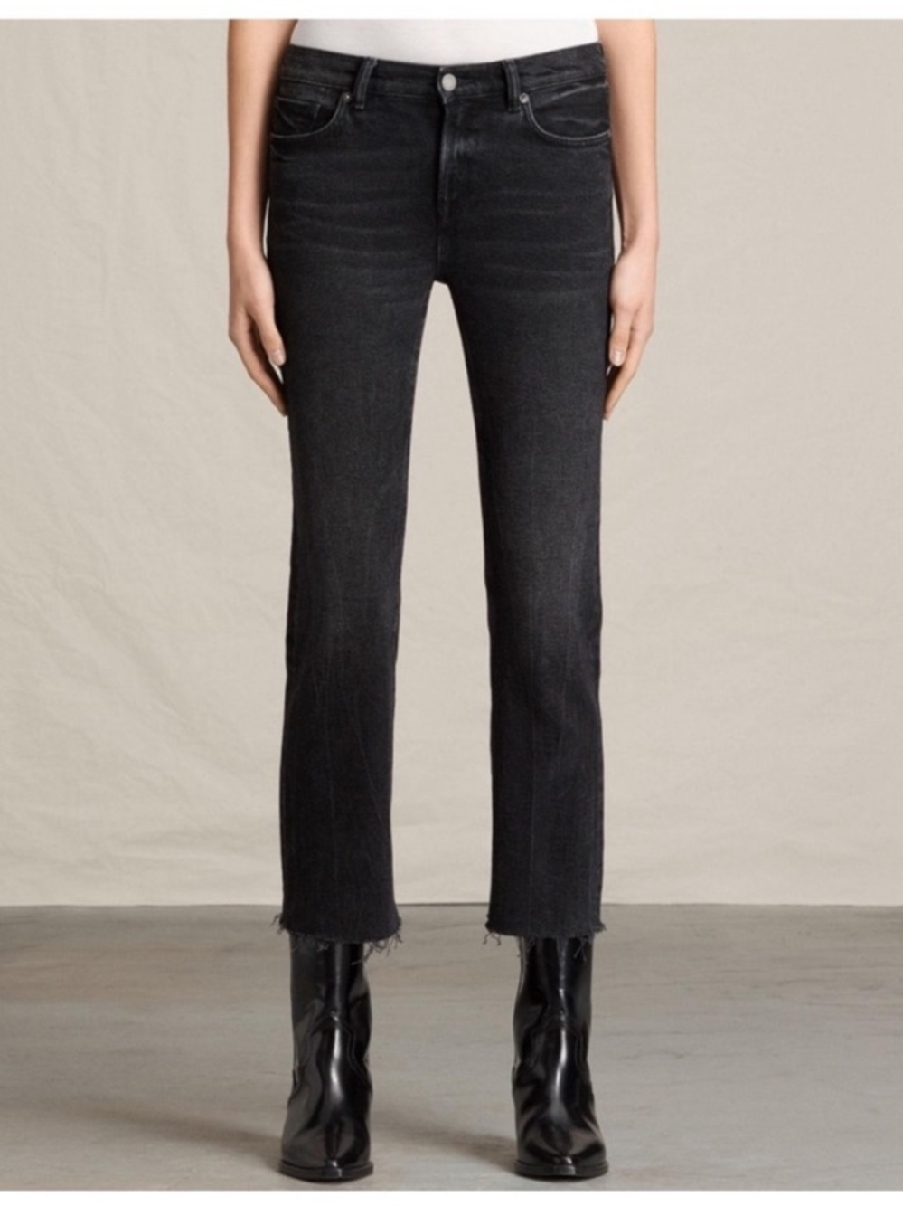 All Saints Zoe Mid-Rise Crop Bootcut Jeans Charcoal Wash Stretch Denim 28